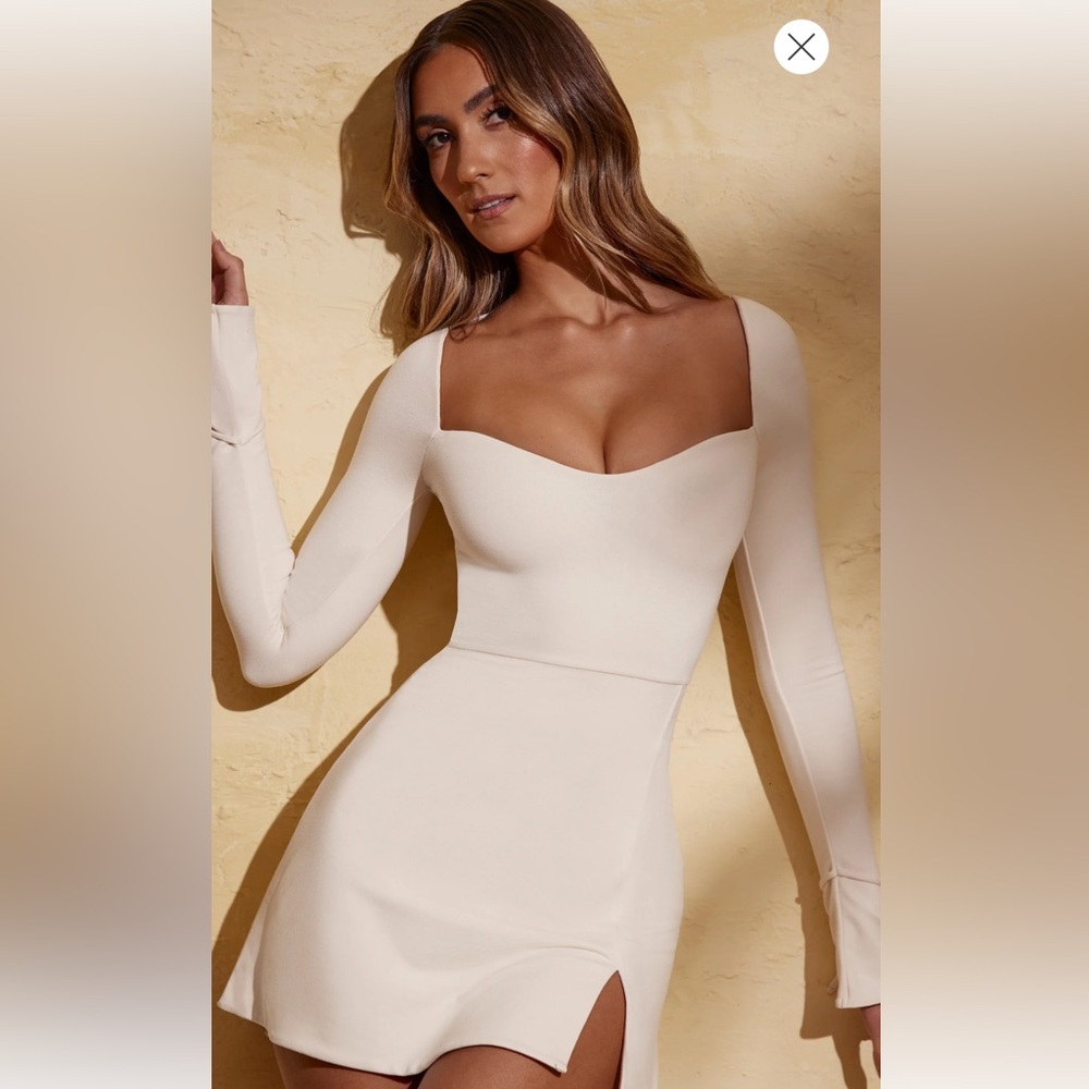 Oh Polly Cream Long Sleeve Square Neck Mini Dress